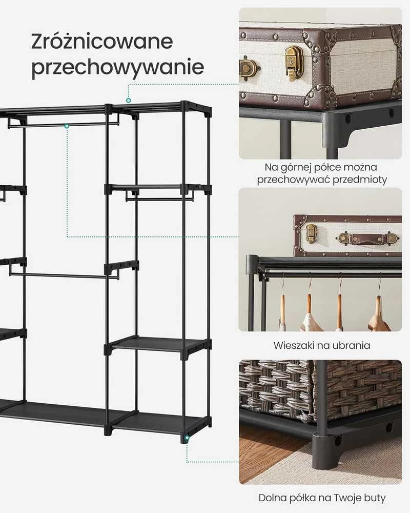 SONGMICS atvira drabužių spinta su 4 skyriais, 151 × 43 × 166 cm, juoda, RYG036B02
