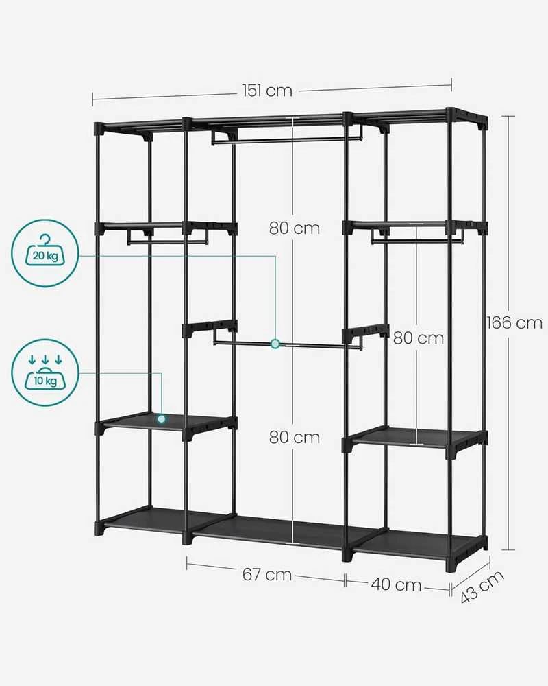 SONGMICS atvira drabužių spinta su 4 skyriais, 151 × 43 × 166 cm, juoda, RYG036B02