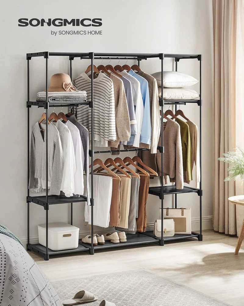 SONGMICS atvira drabužių spinta su 4 skyriais, 151 × 43 × 166 cm, juoda, RYG036B02