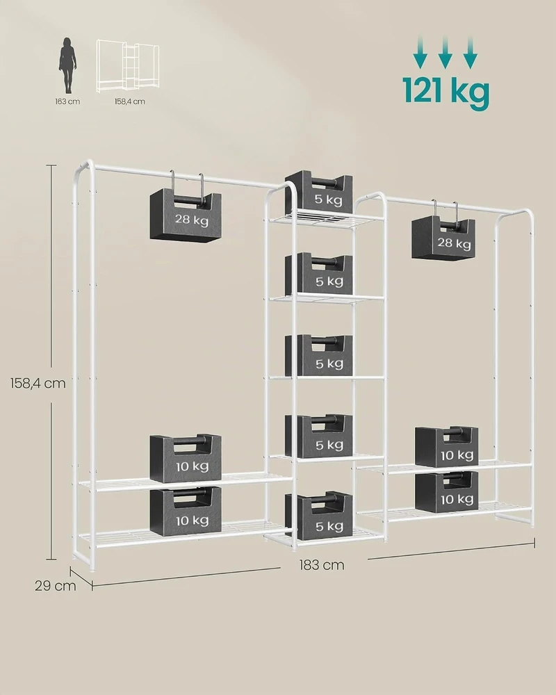 SONGMICS atvira metalinė drabužių kabykla su 9 lentynomis, 158,4 cm, B0DTY2S1PV