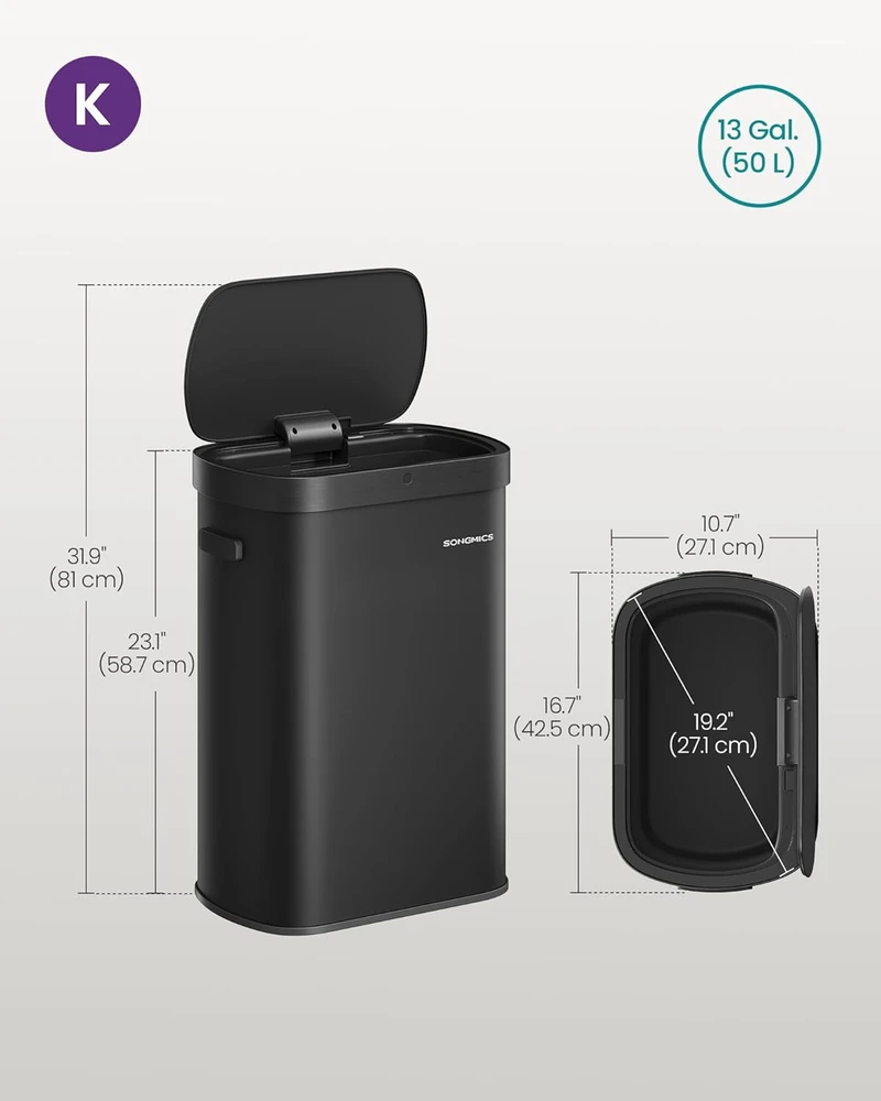 SONGMICS automatinis virtuvinis šiukšlių konteineris su judesio jutikliu, 50 l, plienas, LTB640B02