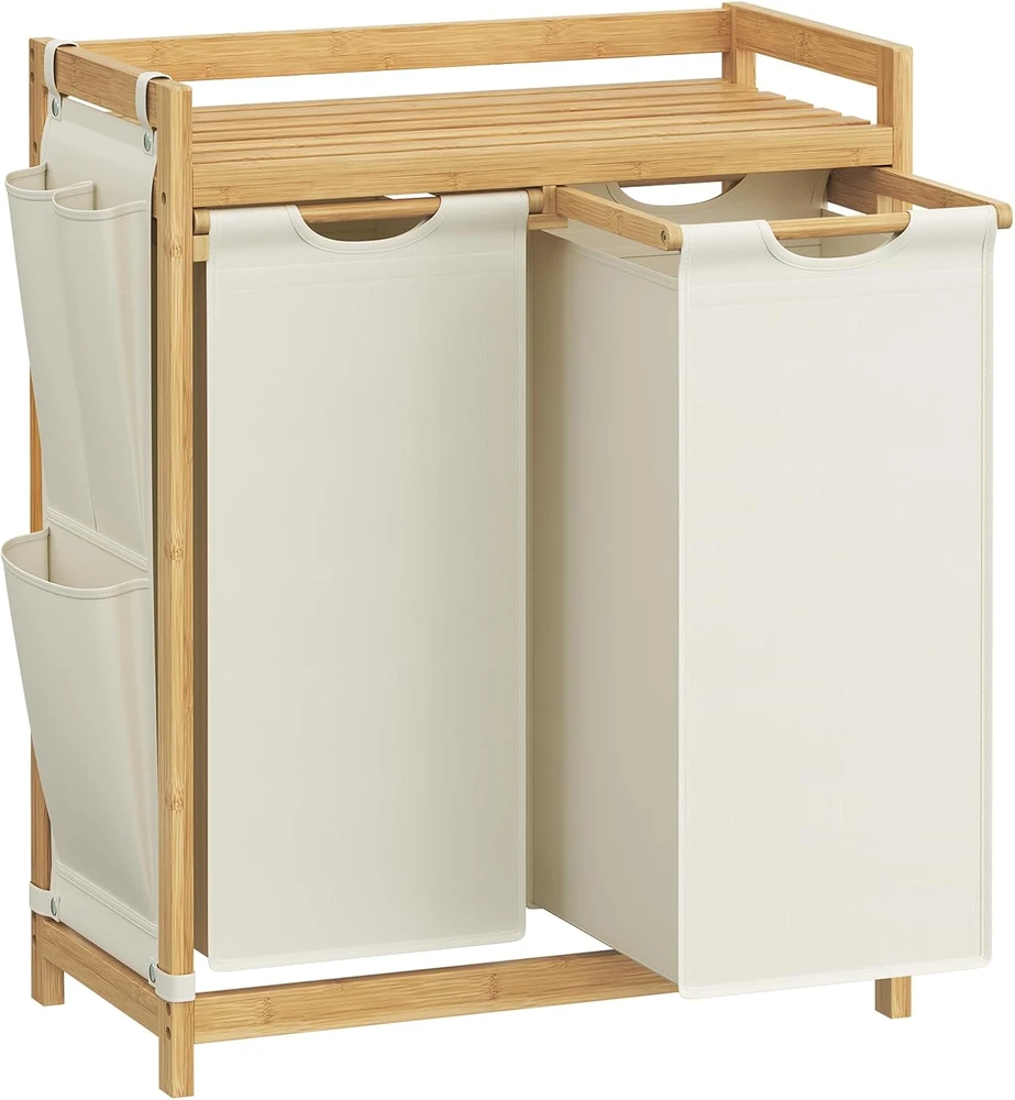 Songmics Skalbinių krepšys 2 skyriai 2 x 50 L 63 x 33 x 78 cm kreminės baltos spalvos