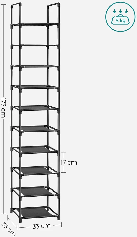 SONGMICS batų lentyna su 10 lentynų, 33 x 33 x 173 cm, juoda LSR110B02