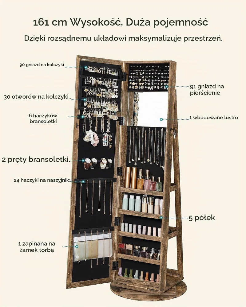 SONGMICS besisukanti papuošalų spintelė su veidrodžiu, rakinama, 160 cm, JJC062K01
