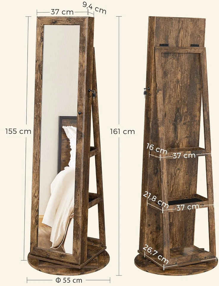 SONGMICS besisukanti papuošalų spintelė su veidrodžiu, rakinama, 160 cm, JJC062K01
