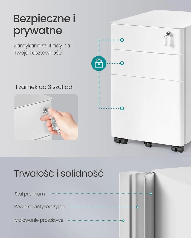 SONGMICS biuro dokumentų spintelė su 3 stalčiais, užraktu ir ratukais OFC032WG01