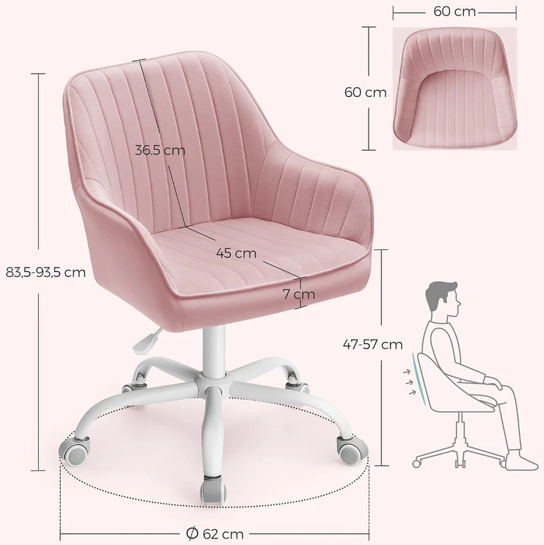 SONGMICS biuro kėdė su ratukais, reguliuojamo aukščio, rožinė, OBG012R01