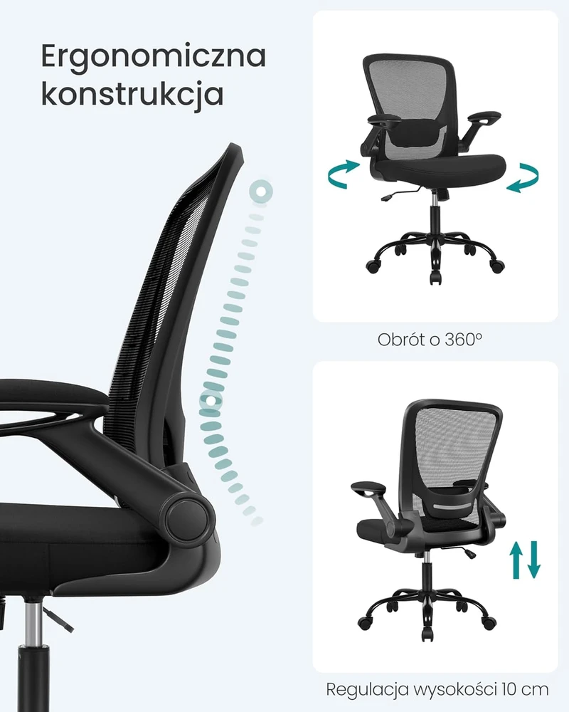 SONGMICS biuro kėdė su tinkline atkalte, ergonomiška, sulankstomais porankiais, juoda OBN37BK