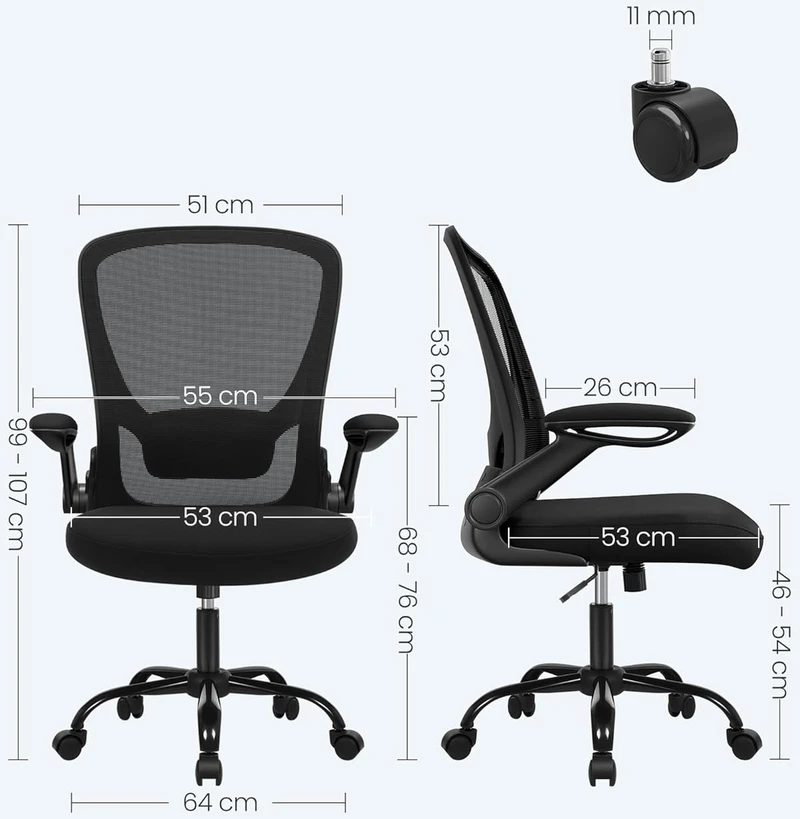 SONGMICS biuro kėdė su tinkline atkalte, ergonomiška, sulankstomais porankiais, juoda OBN37BK