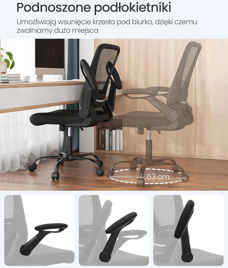 SONGMICS biuro kėdė su tinkline atkalte, ergonomiška, sulankstomais porankiais, juoda OBN37BK
