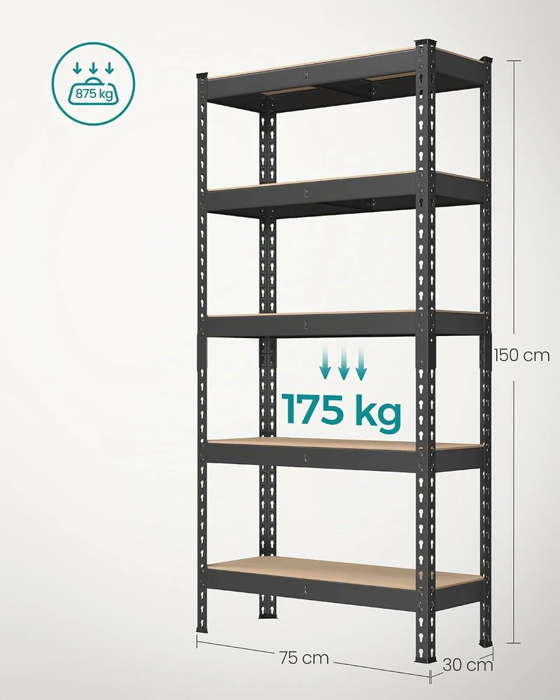 SONGMICS didelio atsparumo sandėliavimo stelažas, 5 lentynos, 30 x 75 x 150 cm, GLR300B01