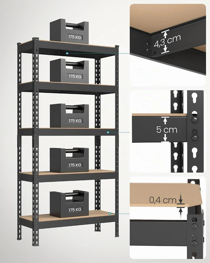 SONGMICS didelio atsparumo sandėliavimo stelažas, 5 lentynos, 30 x 75 x 150 cm, GLR300B01
