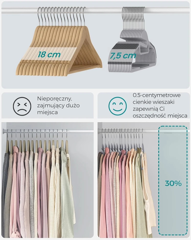 SONGMICS drabužių pakabos, plastikinės, 50 vnt., 41,5 cm, pasukamas kabliukas, CRP41G-50