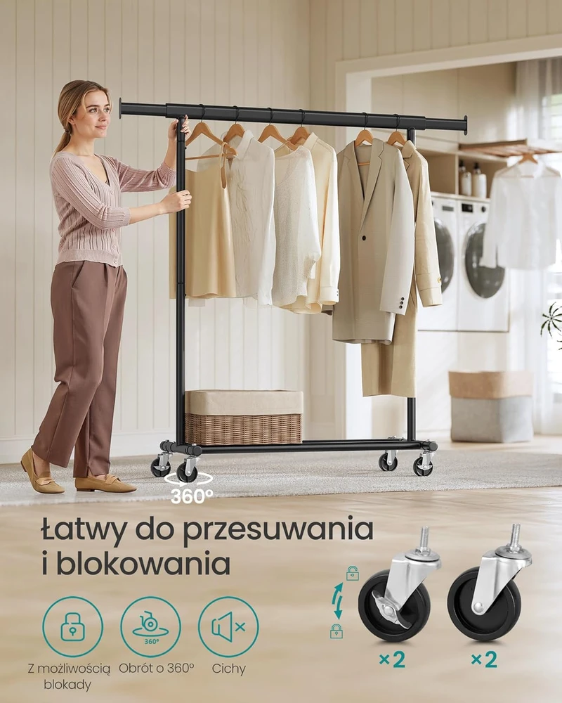 SONGMICS drabužių stovas su ratukais, plieno, reguliuojamas, juodas, 90 kg, HSR13BKV1