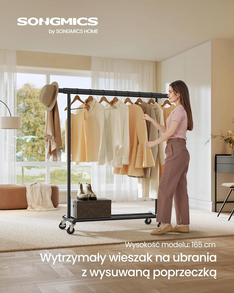 SONGMICS drabužių stovas su ratukais, plieno, reguliuojamas, juodas, 90 kg, HSR13BKV1