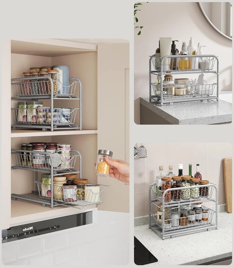 Songmics 2 metalinio sidabro spalvos virtuvės spintelių organizatorių rinkinys