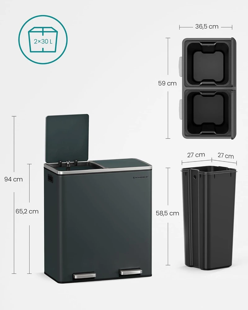 SONGMICS dviejų skyrių atliekų rūšiavimo šiukšliadėžė, 2 x 30 l, antracito spalvos, LTB60GS