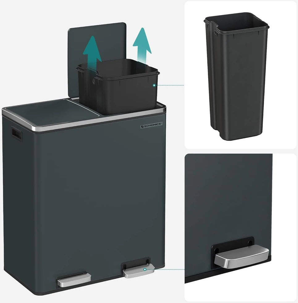 SONGMICS dviejų skyrių atliekų rūšiavimo šiukšliadėžė, 2 x 30 l, antracito spalvos, LTB60GS