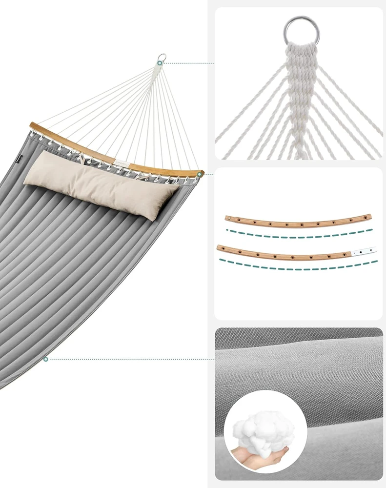 SONGMICS dvivietis hamakas su paminkštinta Oxford medžiaga, bambuko lazdomis ir pagalvėmis, 200 x 140 cm, pilkai smėlinis GDC34CG
