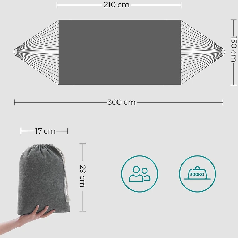 SONGMICS dvivietis sodo hamakas 210 x 150 cm, iki 300 kg, su tvirtinimo diržais GDC15GY