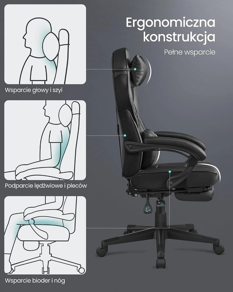 Songmics Biuro kėdė su kojų atrama ir juosmens pagalvėle, keliamoji galia iki 150 kg