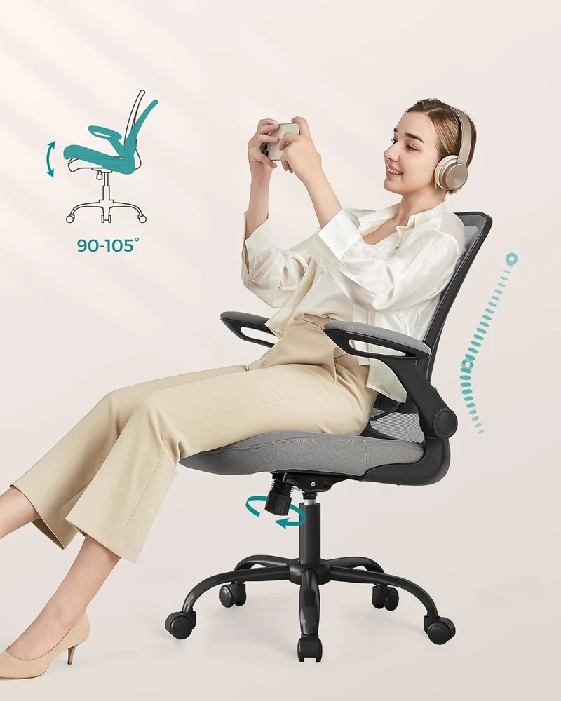 Songmics Biuro kėdė su ergonomine supimo funkcija, porankiais, balandiškai pilka