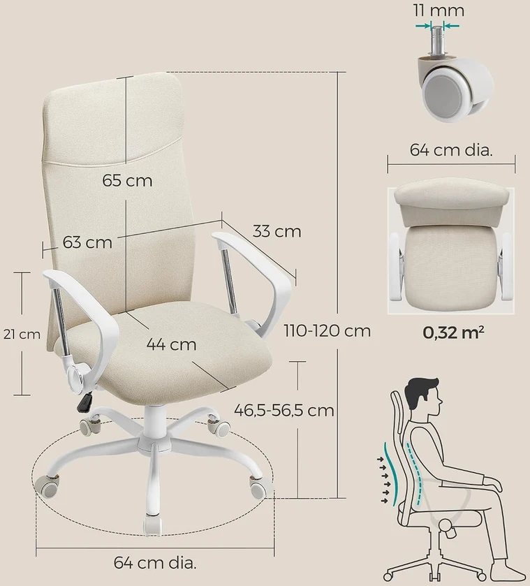 Songmics Biuro kėdė, minkšta, reguliuojamo aukščio ir pasvirimo, smėlio spalvos