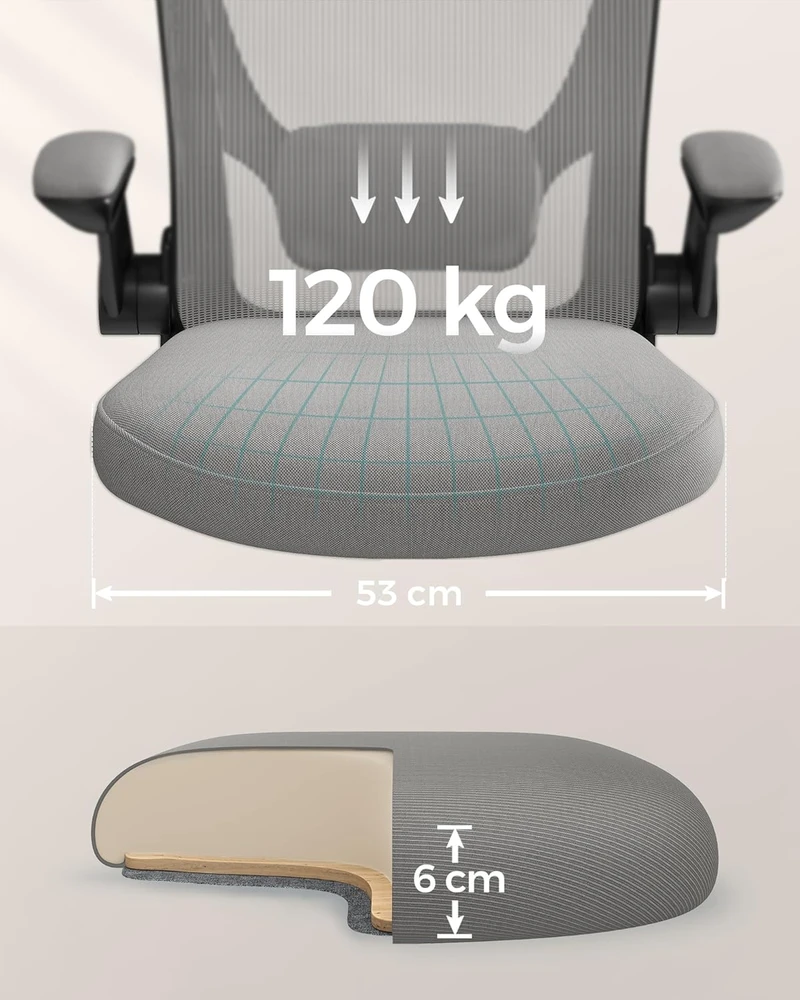 Songmics Biuro kėdė su ergonomine supimo funkcija, porankiais, balandiškai pilka