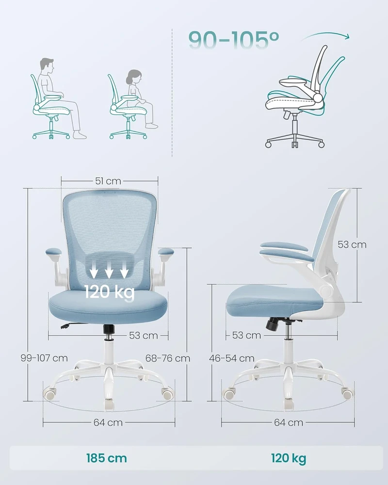 SONGMICS ergonominė biuro kėdė su reguliuojamu atlošu, porankiais ir plačia sėdyne 53 cm OBN037Q01