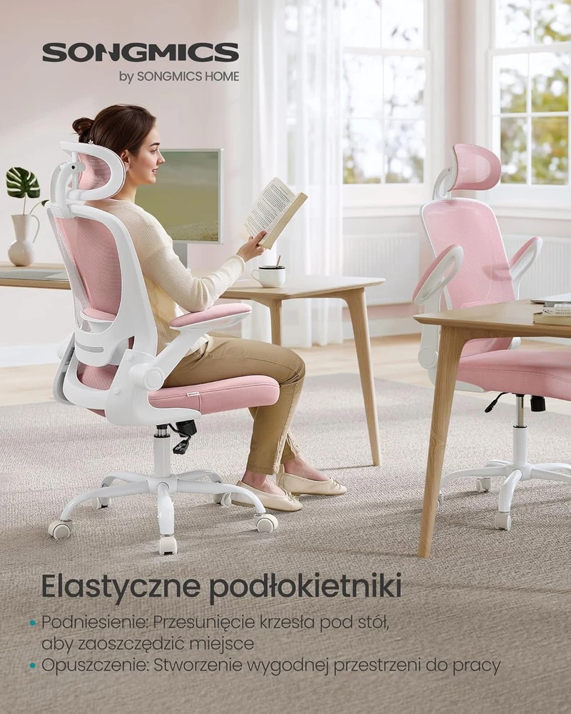 Songmics Ergonomiška biuro kėdė su supimo funkcija pastelinės rožinės spalvos