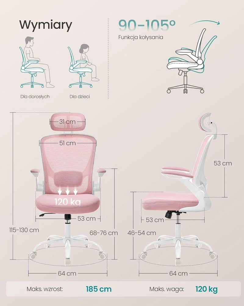 Songmics Ergonomiška biuro kėdė su supimo funkcija pastelinės rožinės spalvos