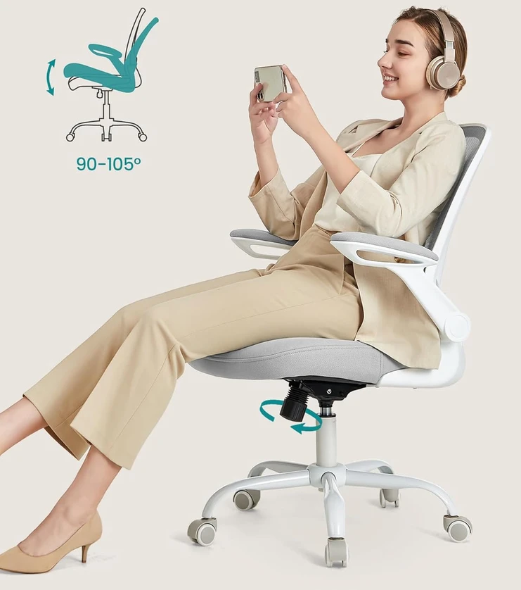 Songmics Ergonomiška biuro kėdė su tinkleliu ir 53 cm sėdyne šviesiai pilka