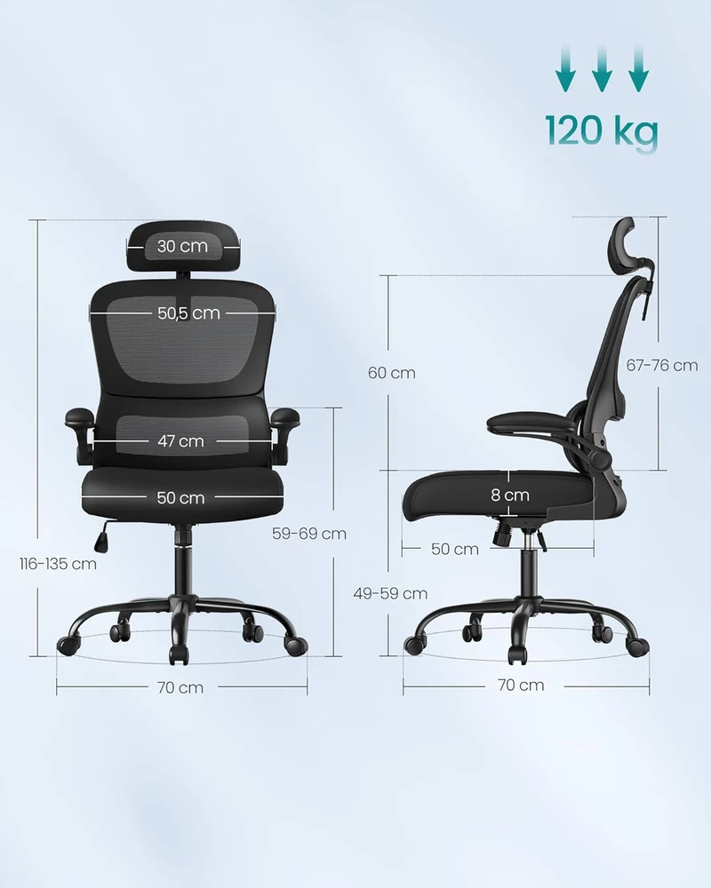 Songmics Ergonomiška biuro kėdė su tinkleliu ir atlenkiamais porankiais