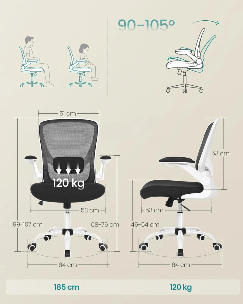 SONGMICS ergonominė biuro kėdė su tinkline atlošu, reguliuojama sėdimos dalies aukščiu, sulankstomais porankiais OBN37WT