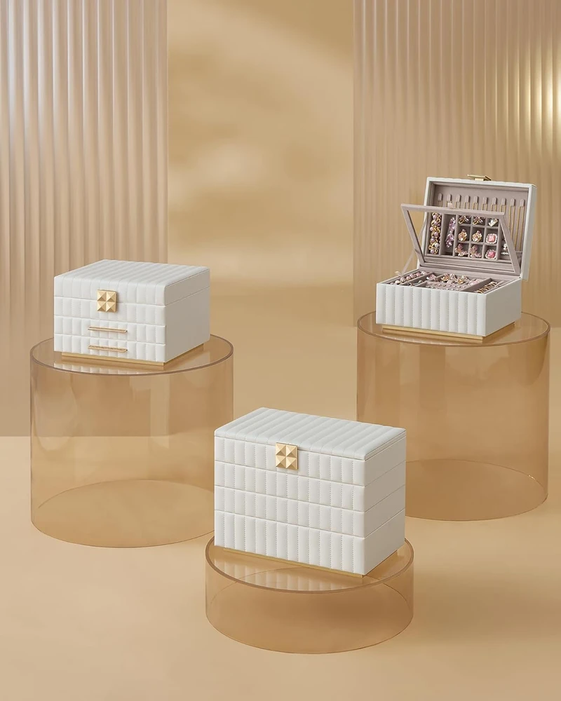 Songmicshome SONGMICS HOME ANAH kolekcija - Papuošalų dėžutė su veidrodžiu 3 lygių drumstai balta