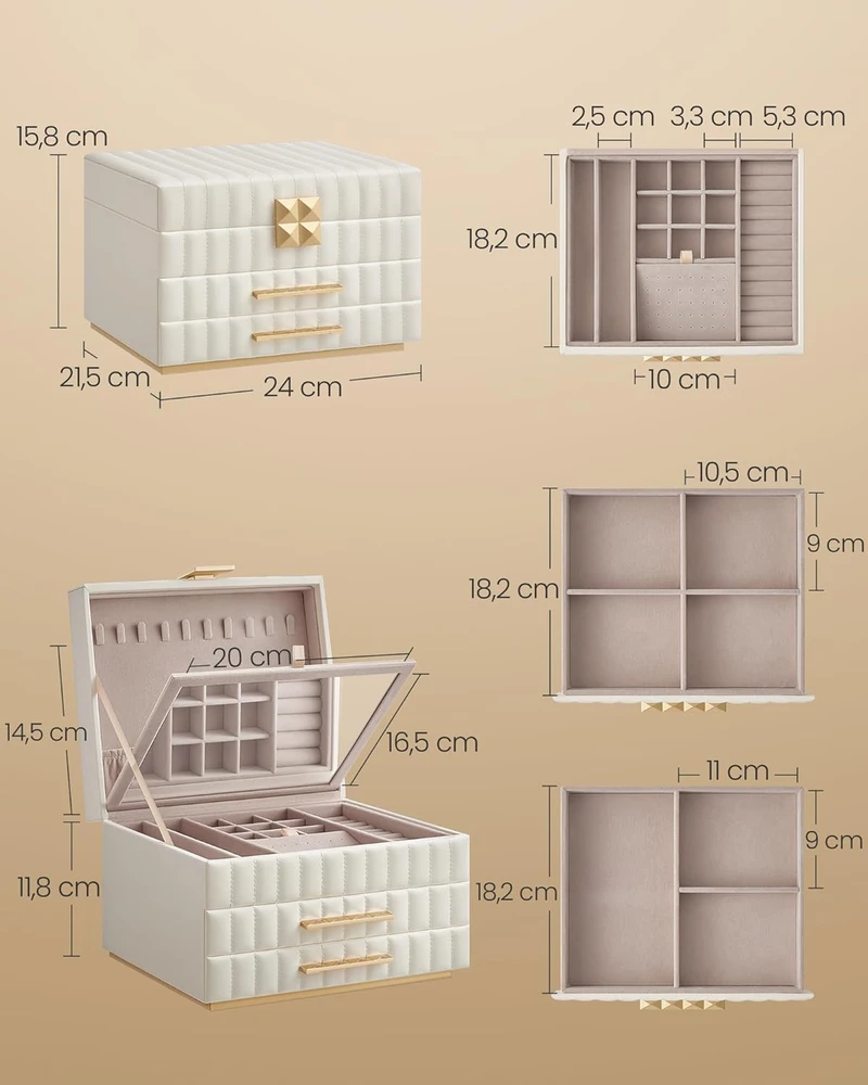 Songmicshome SONGMICS HOME ANAH kolekcija - Papuošalų dėžutė su veidrodžiu 3 lygių drumstai balta