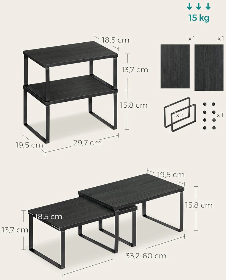 SONGMICS išplečiamas virtuvės prieskonių lentynų komplektas, 4 vnt., juodas