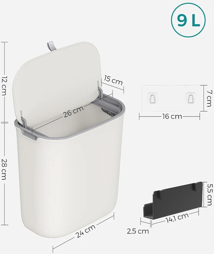 SONGMICS kabinama virtuvės šiukšliadėžė 9 l su sandariu dangčiu, balta LTB820W9