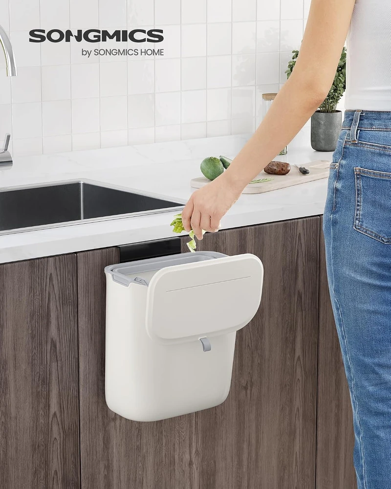 SONGMICS kabinama virtuvės šiukšliadėžė 9 l su sandariu dangčiu, balta LTB820W9