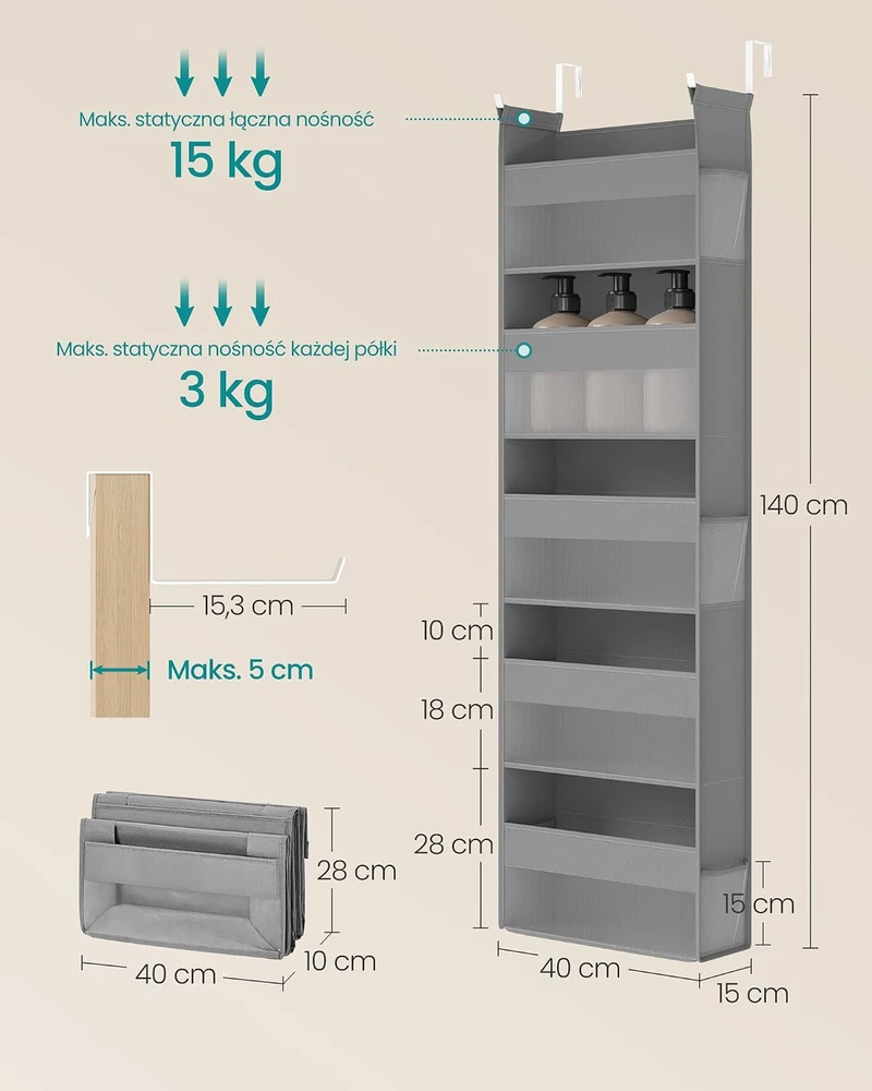 SONGMICS kabinamas durų organizatorius su 5 skyreliais, 15 x 40 x 140 cm, RDH007G01