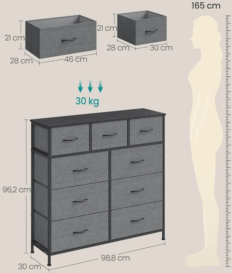 SONGMICS komoda BELLAH su 9 stalčiais, 95.2 x 98.8 x 30 cm, LGS324G101