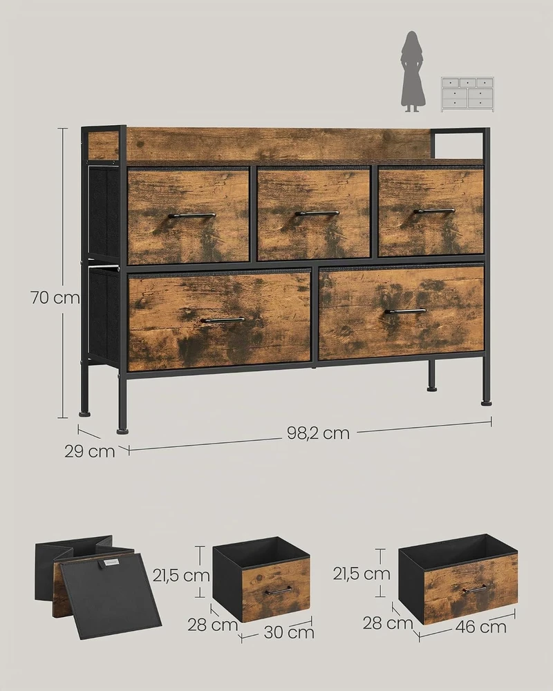 Songmics Komoda su 5 medžiaginiais stalčiais vintage ruda-rožinė juoda