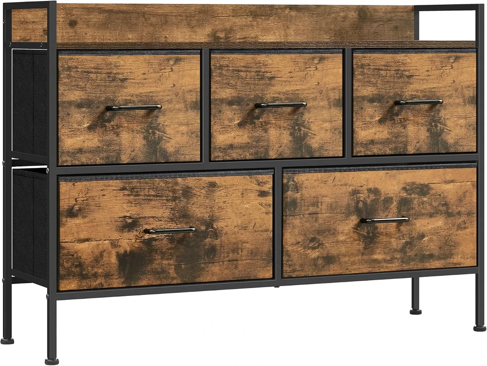 Songmics Komoda su 5 medžiaginiais stalčiais vintage ruda-rožinė juoda
