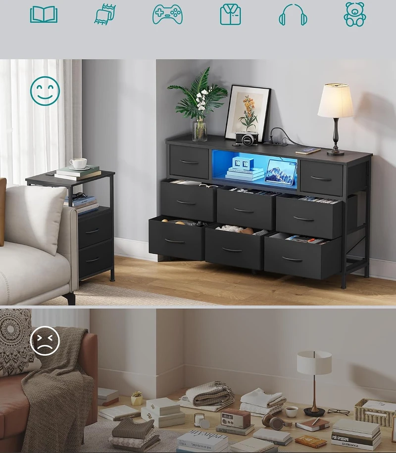SONGMICS komoda su 8 stalčiais, LED apšvietimu ir įkrovimo stotele 113,8 x 30 x 68,1 cm LGS433BH02