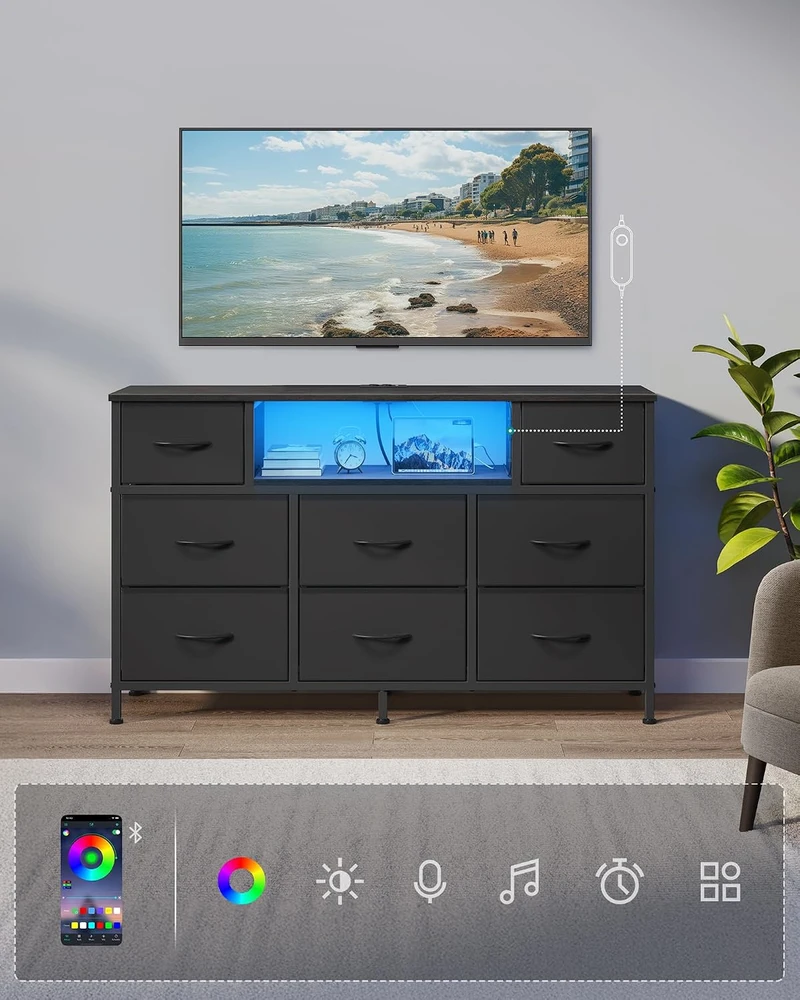 SONGMICS komoda su 8 stalčiais, LED apšvietimu ir įkrovimo stotele 113,8 x 30 x 68,1 cm LGS433BH02