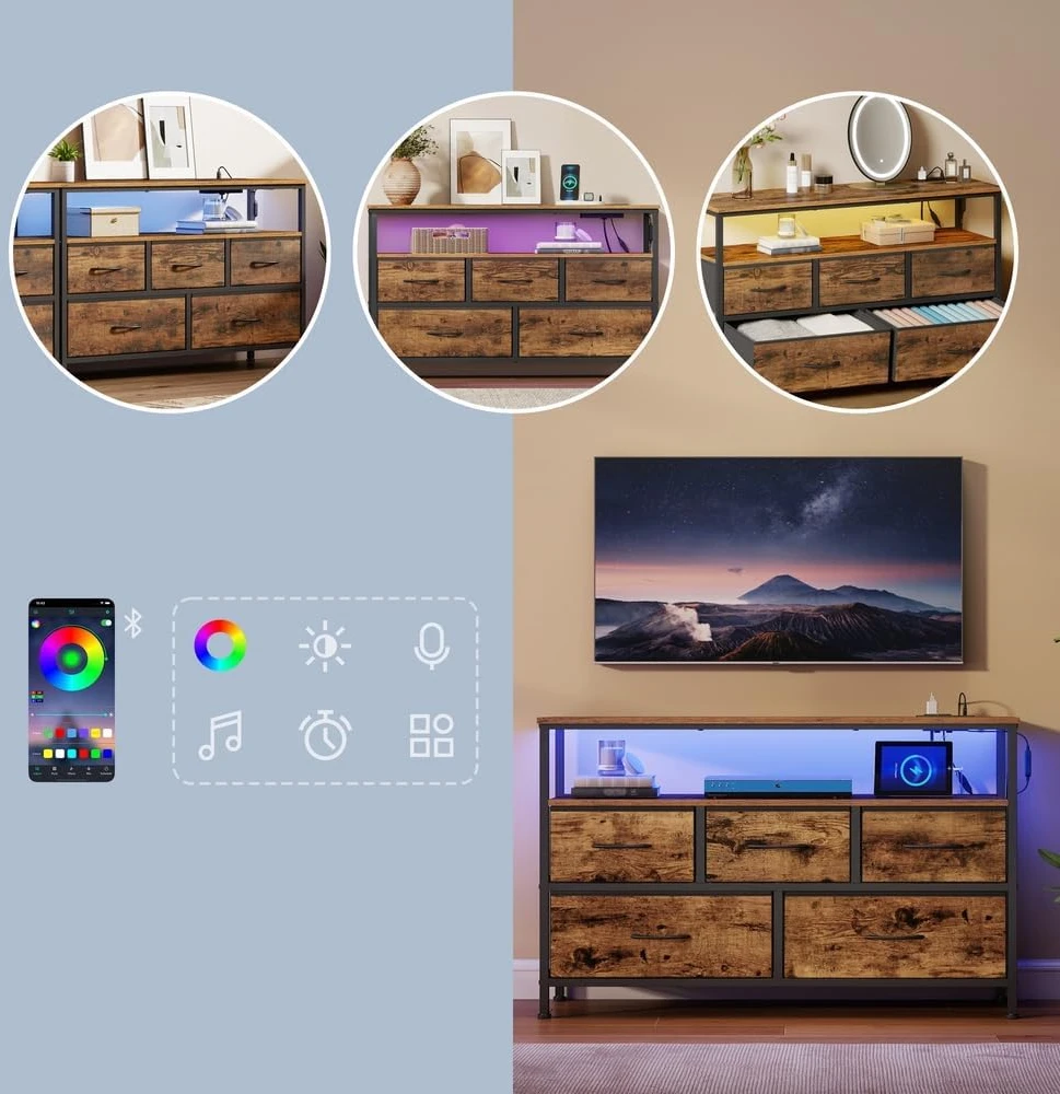 SONGMICS komoda su LED apšvietimu ir įkrovimo stotele, 5 stalčiais, 98.7 x 30 x 68.1 cm, LGS723KD01