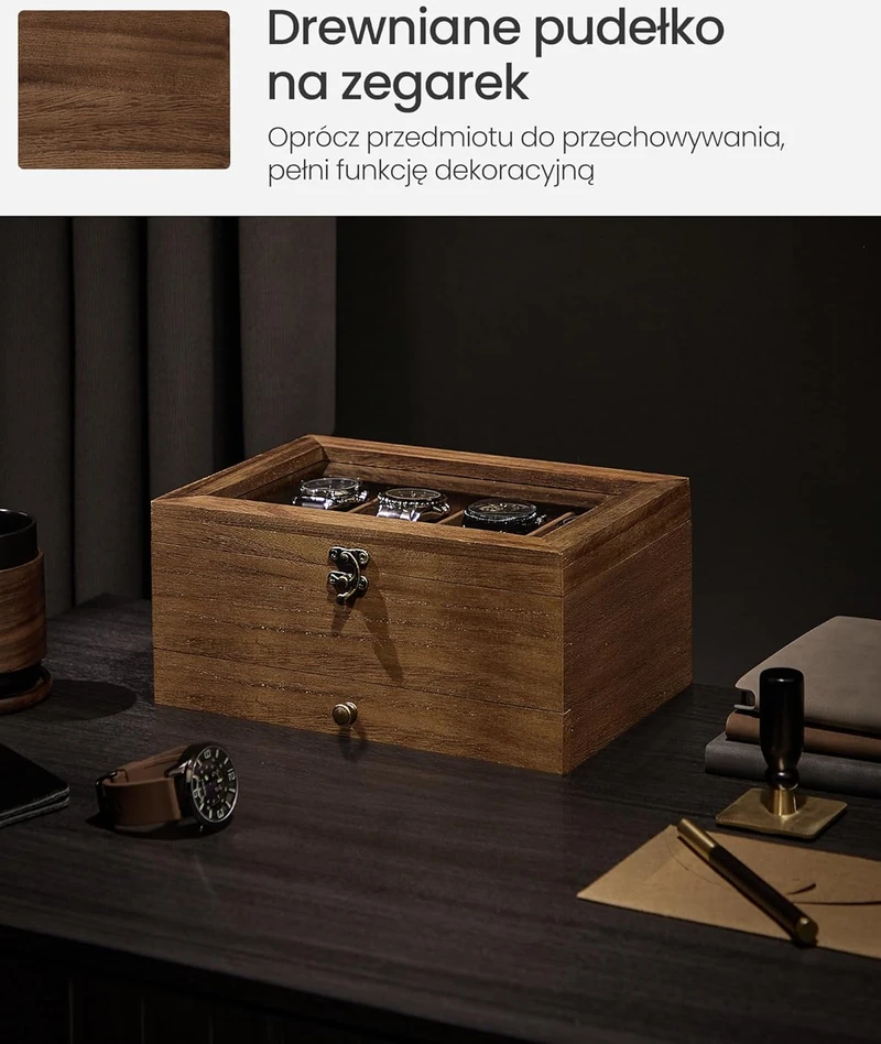 SONGMICS laikrodžių dėžutė iš medžio su 8 skyreliais ir stiklo dangteliu papuošalams
