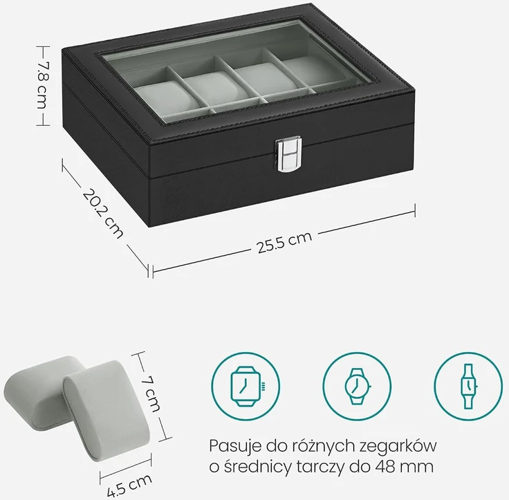 SONGMICS laikrodžių dėžutė su 10 skyrelių, stiklinis dangtis, JWB010BK