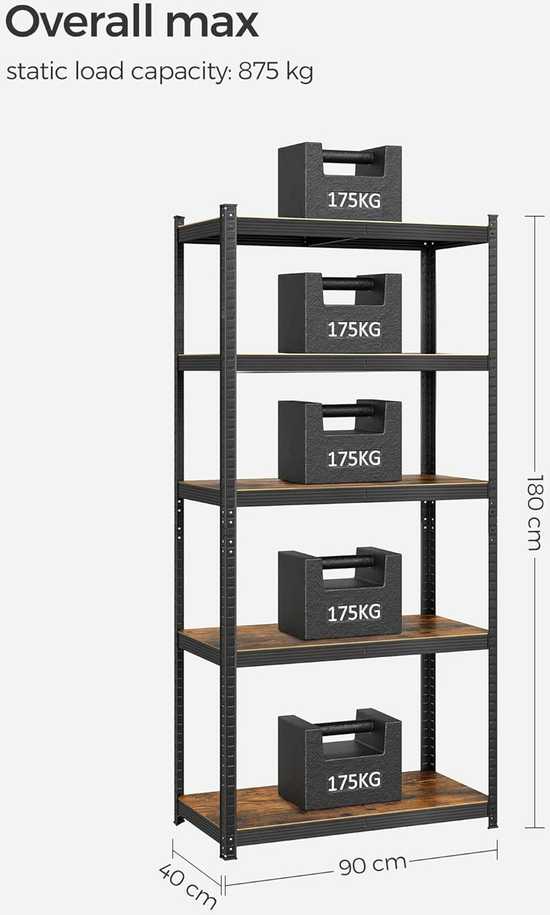 SONGMICS laisvai pastatoma knygų lentyna, 5 lentynos, 40 x 90 x 180 cm, maksimali apkrova 875 kg, reguliuojamos lentynos, vintage ruda-juoda, GLR040B11