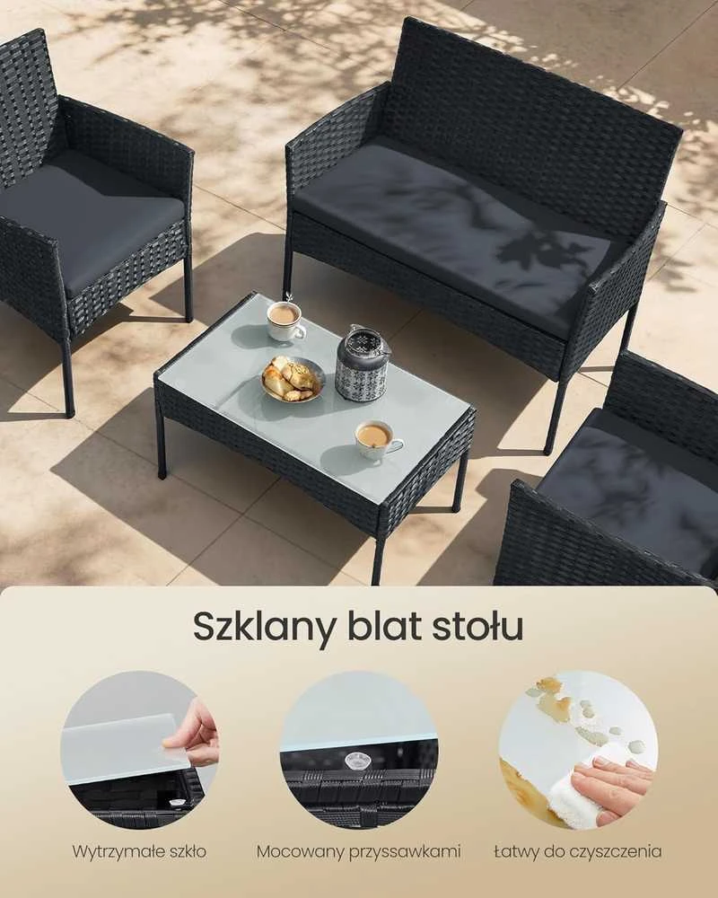 Lauko baldų komplektas Songmics Balkono baldai iš PE polirotango juodai pilkos spalvos